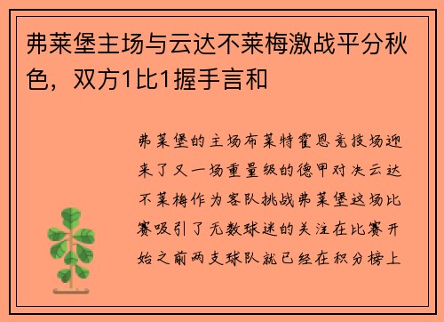 弗莱堡主场与云达不莱梅激战平分秋色，双方1比1握手言和