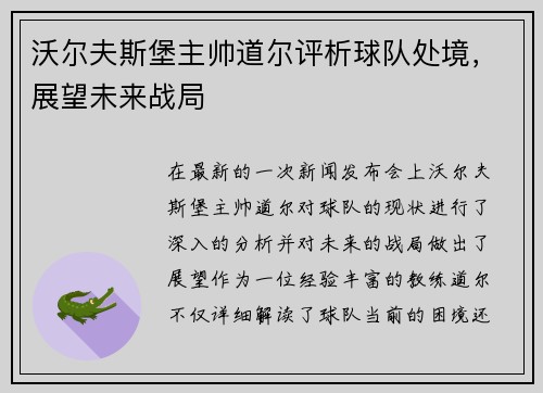 沃尔夫斯堡主帅道尔评析球队处境，展望未来战局
