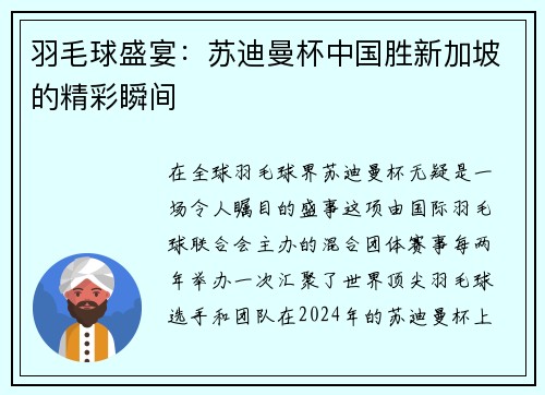 羽毛球盛宴：苏迪曼杯中国胜新加坡的精彩瞬间