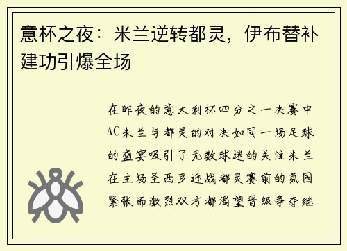 意杯之夜：米兰逆转都灵，伊布替补建功引爆全场