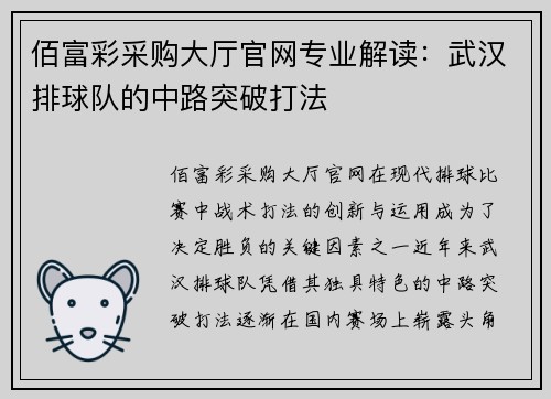 佰富彩采购大厅官网专业解读：武汉排球队的中路突破打法