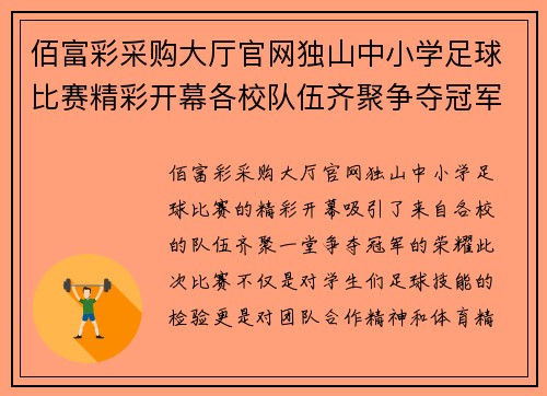 佰富彩采购大厅官网独山中小学足球比赛精彩开幕各校队伍齐聚争夺冠军荣耀